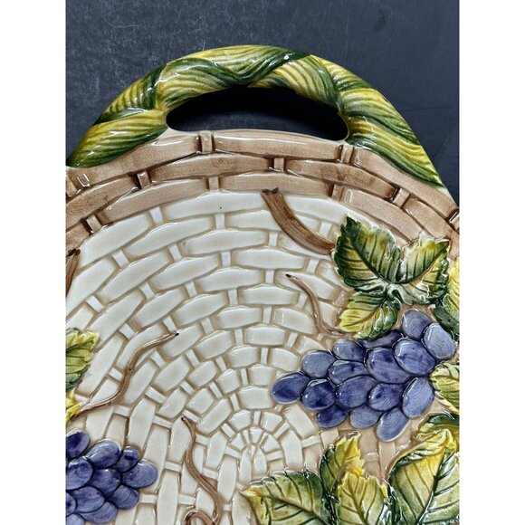 TAKAHASHI ANTIQUA Embossed Grapes Basket Weave Majolica 16" 2 Handled Platter - Picture 9 of 10